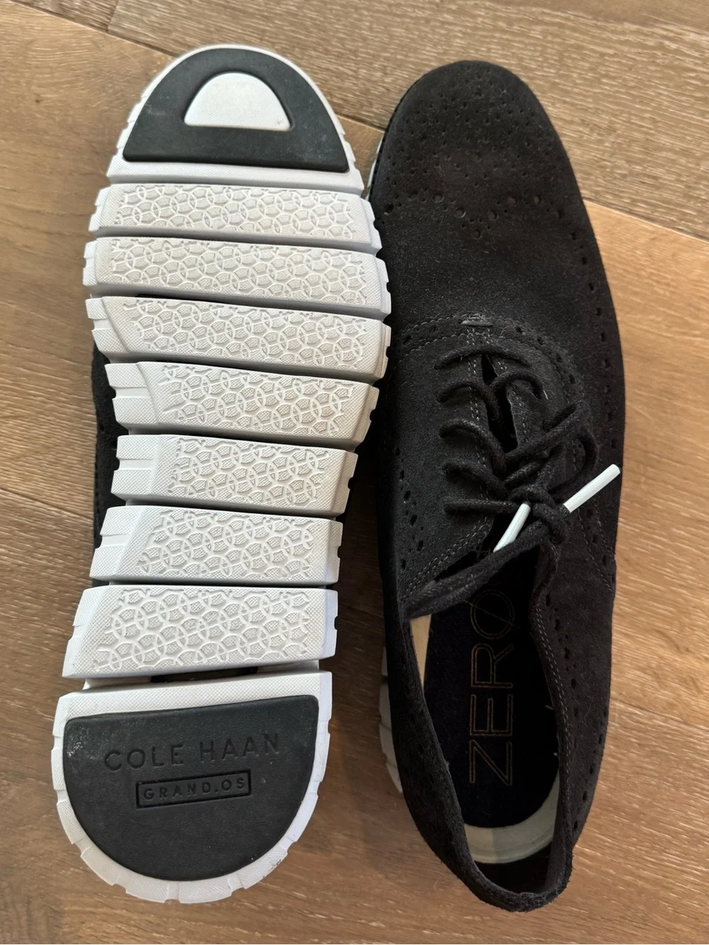 Cole Haan Zero Grand Black Suede Wingtip Oxfords with White Lightweight Sole